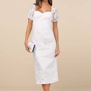 Lulus Odetta White Burnout Puff Sleeve Lace-Up Midi Dress Size S